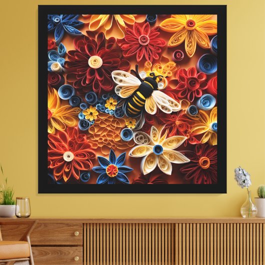 Paper Quilling Design Bee surrounded by Flowers Canvas Afdruk (Insitu (Woonkamer))