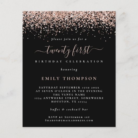 PAPER Roos Glitter 21st Party Black Invitation Flyer (Voorkant)