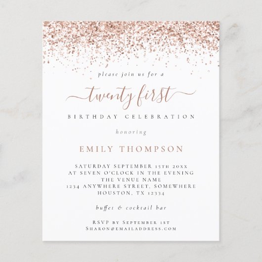 PAPER Roos Glitter Girly 21e partijuitnodiging Flyer (Voorkant)