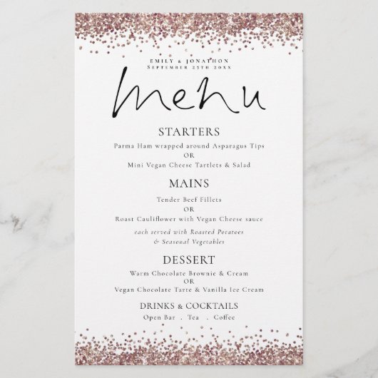 PAPER Roos Gold Glitter Script Weduwmenu Flyer (Voorkant)