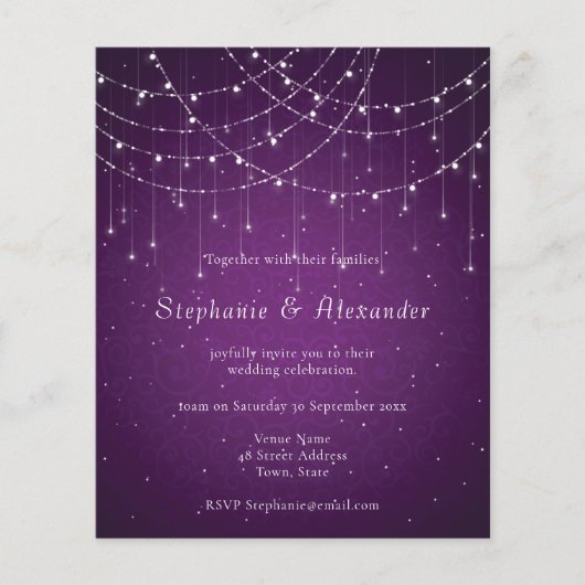 PAPER Royal Paars & String Lights Wedding Invite Flyer (Voorkant)