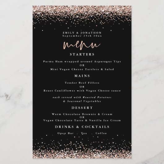 PAPER | Roze Goud Glitter Bruiloft Zwart Menu (Voorkant)