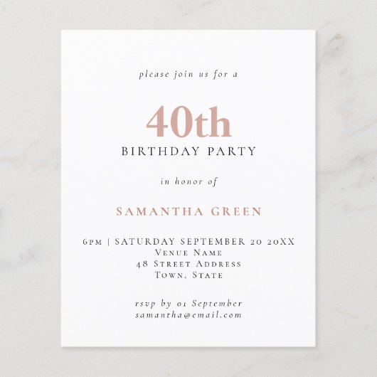PAPER Simple Text Blush 40th Birthday Invitation Flyer (Voorkant)