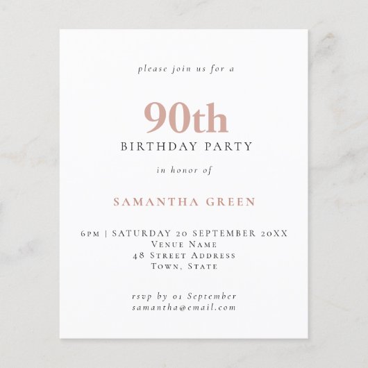PAPER Simple Text Blush 90th Birthday Invitation Flyer (Voorkant)