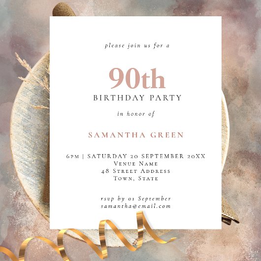 PAPER Simple Text Blush 90th Birthday Invitation Flyer