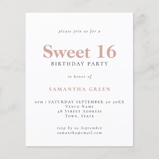 PAPER Simple Text Blush Sweet 16 Birthday Invite Flyer (Voorkant)