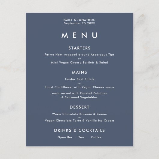 PAPER Simple Text Dusty Navy Blue Wedding Menu (Voorkant)