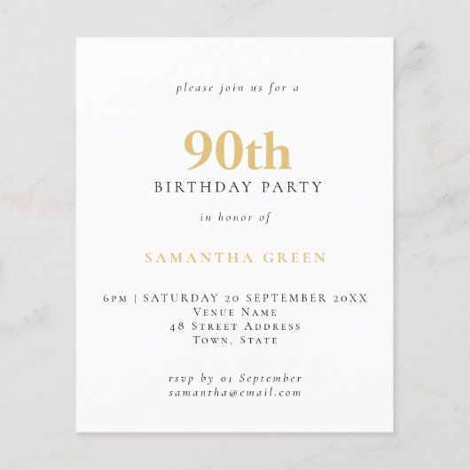 PAPER Simple Text Gold Black 90th Birthday Invite Flyer (Voorkant)