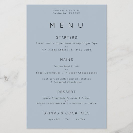 PAPER Simple Typography Dusty Blue Wedding Menu (Voorkant)