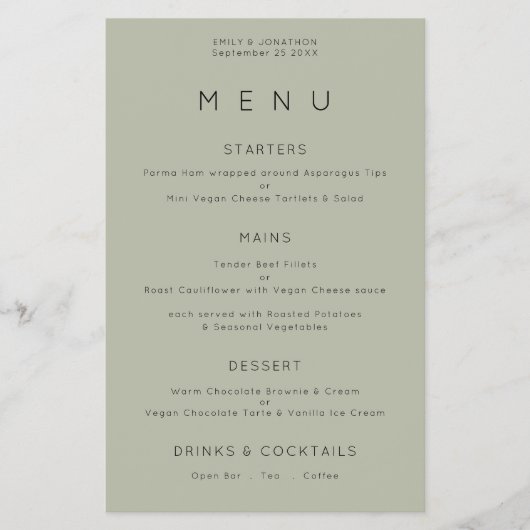 PAPER Simple Typography Soft Sage Weddenschap Menu (Voorkant)
