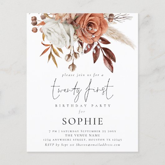 PAPER Terracotta Florals Script 21st Party nodigt Flyer (Voorkant)