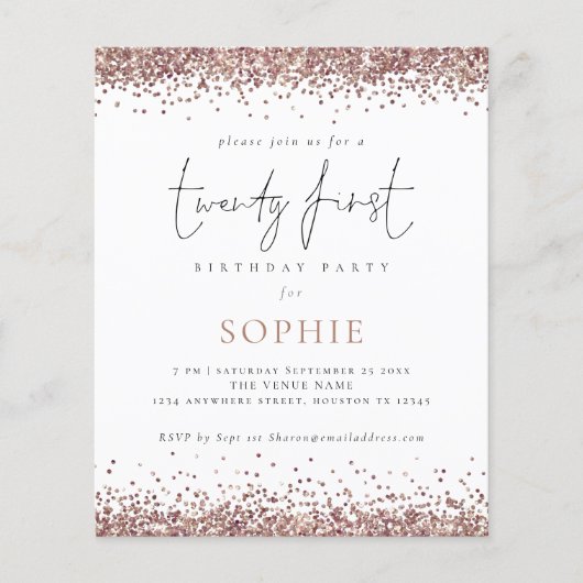 PAPER Trendy Roos Gold Glitter 21st Party Invite Flyer (Voorkant)
