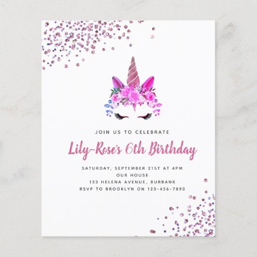 PAPER Unicorn Face Glitter Birthday Invitation Flyer (Voorkant)