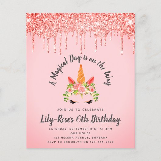 PAPER Unicorn Face Glitter Birthday Invitation Flyer (Voorkant)