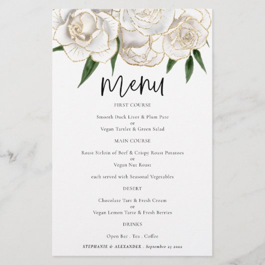 PAPER White Gold Florals Script Weduwnaar Menu (Voorkant)