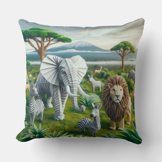 Papercraft safari dieren groen landschap kunst kussen (Voorkant)