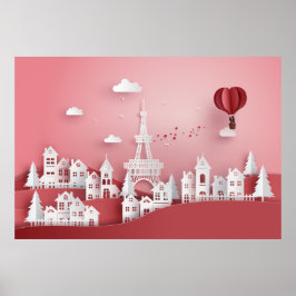Papercut Couple Hot Air ballon in Parijs Poster
