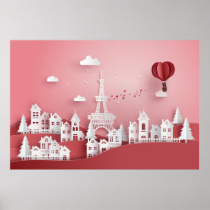 Papercut Couple Hot Air ballon in Parijs Poster