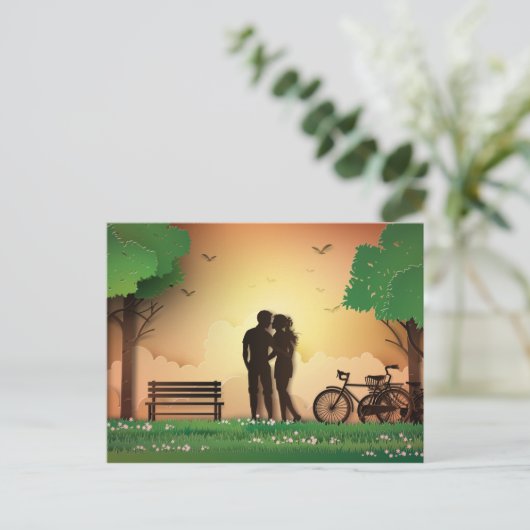 Papercut Couple in Park Sunset, fiets Briefkaart (Staand voorkant)