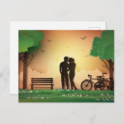 Papercut Couple in Park Sunset, fiets Briefkaart (Voorkant / Achterkant)