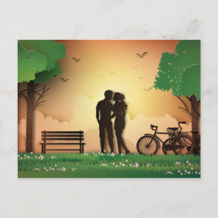 Papercut Couple in Park Sunset, fiets Briefkaart