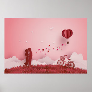 Papercut Couple Red Bide Hot Air ballon Poster