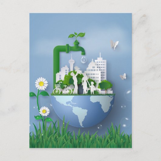 Papercut Earth Day Conservation Faucet & City Briefkaart (Voorkant)
