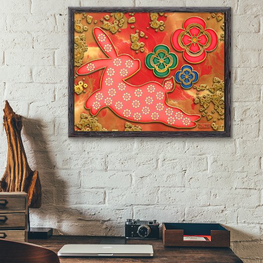 Papercut Flowers Red Gold Konbit China nieuwjaar Poster