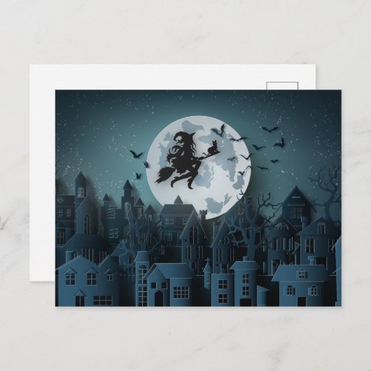 Papercut Halloween Heks Vliegen Over Stad Briefkaart (Voorkant / Achterkant)