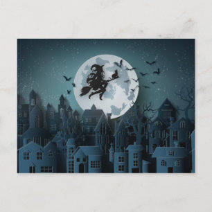 Papercut Halloween Heks Vliegen Over Stad Briefkaart