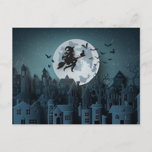 Papercut Halloween Heks Vliegen Over Stad Briefkaart (Voorkant)