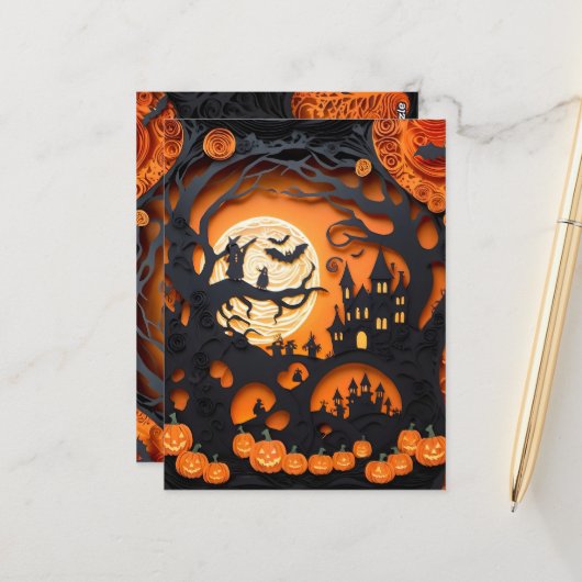 Papercut Halloween Scene Briefkaart (Voorkant / Achterkant in situ)