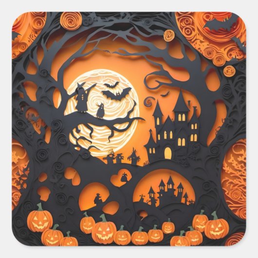 Papercut Halloween Scene Vierkante Sticker (Voorkant)