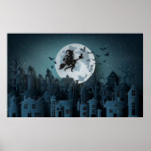 Papercut Halloween Witch die over het dorp vliegt Poster (Voorkant)