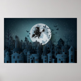 Papercut Halloween Witch die over het dorp vliegt Poster