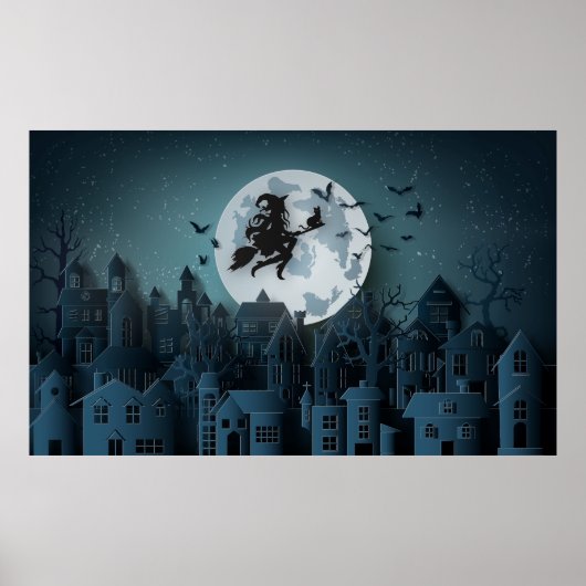Papercut Halloween Witch die over het dorp vliegt Poster (Voorkant)