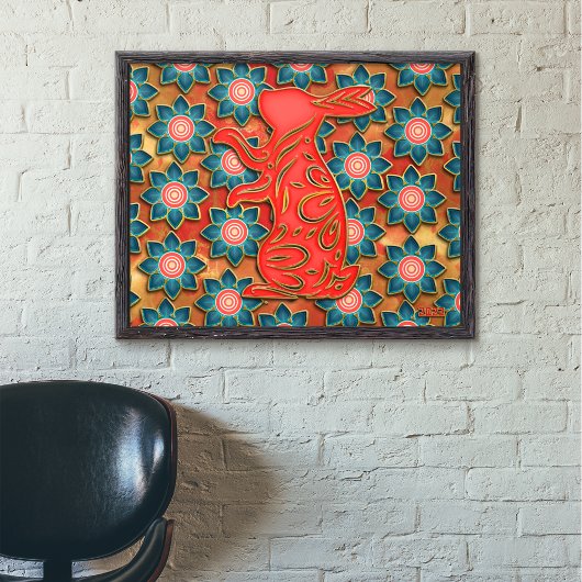 Papercut Rabbit Blue Red Gold Chinees nieuwjaar Poster