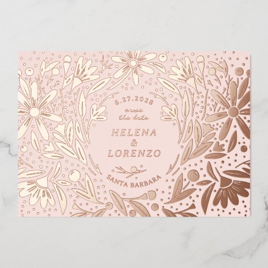 Papercut Rustic Flowers Save the Date Roos Gold Folie Uitnodiging (Voorkant)