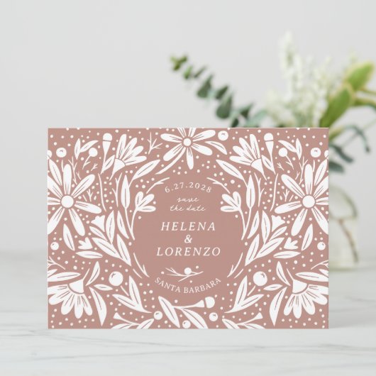 Papercut rustieke bloemen stoffig Roos Save The Date (Staand voorkant)