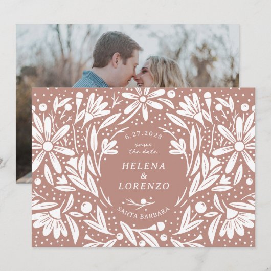 Papercut rustieke bloemen stoffig Roos Save The Date (Voorkant / Achterkant)