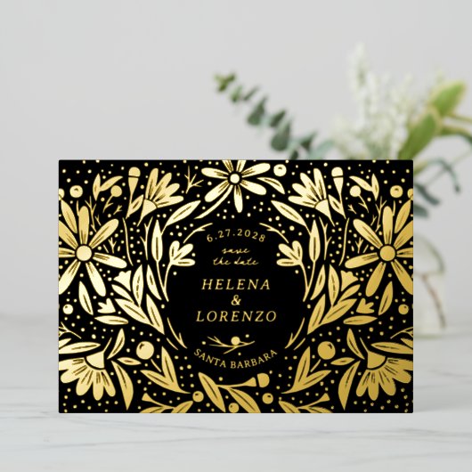 Papercut rustieke bloemen zwart Save the Date goud Folie Uitnodiging (Staand Voorkant)
