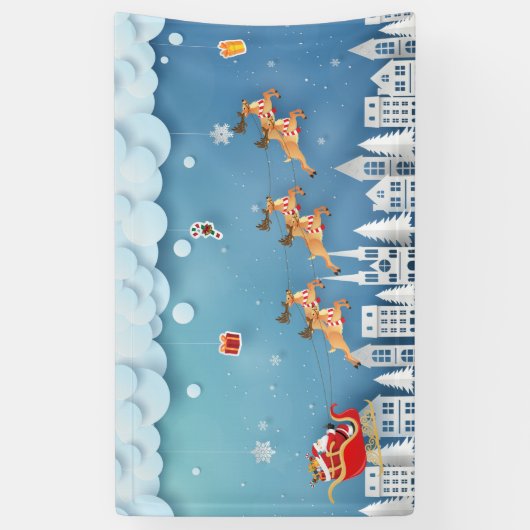 Papercut Santa en Rendier over de stad Kerstmis Spandoek (Verticaal)