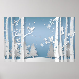 Papercut Winter Forest and Squirrels Poster