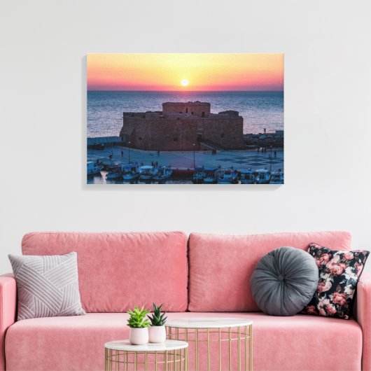 Paphos Castle bij zonsondergang, drone uitzicht Canvas Afdruk (Insitu (Woonkamer))