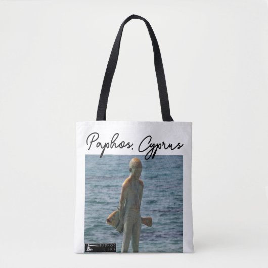 Paphos standbeeld jongen en vis, handtekening tote bag (Voorkant)