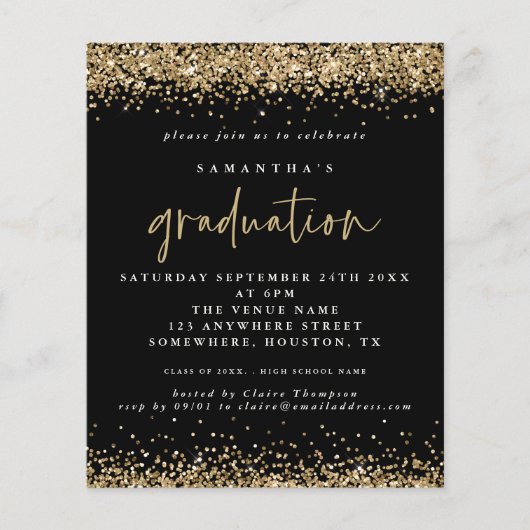 PAPIER Black Gold Glitter Afstuderen Invitation Flyer (Voorkant)