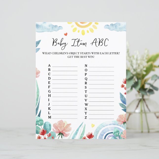 Papier Blad Baby shower spel "Baby Item ABC". (Staand voorkant)