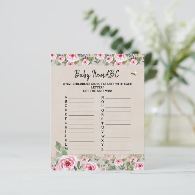 Papier Blad Baby shower spel "Baby Item ABC". (Staand voorkant)