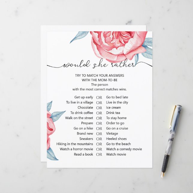 Papier Blad spel "zou ze liever" (Voorkant / Achterkant in situ)