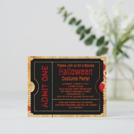 Papier Bloed Splatter Halloween Ticket Kaart (Staand voorkant)